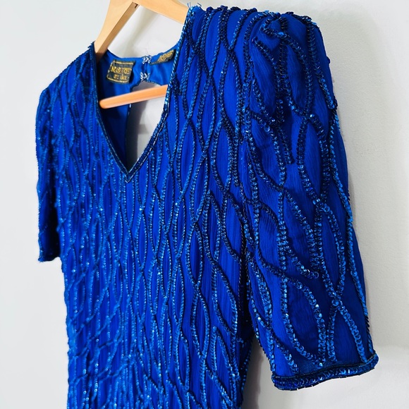Vintage Beautiful Blue Full Sequin & Beaded Dress By Mark & John Size S - Picture 10 of 11